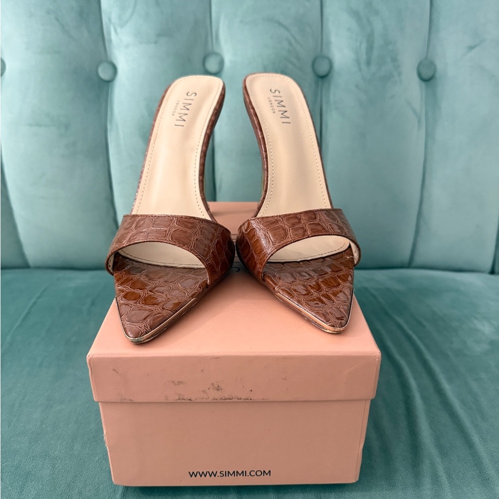 Brown Croc-Effect Pointed Toe Mule Heels